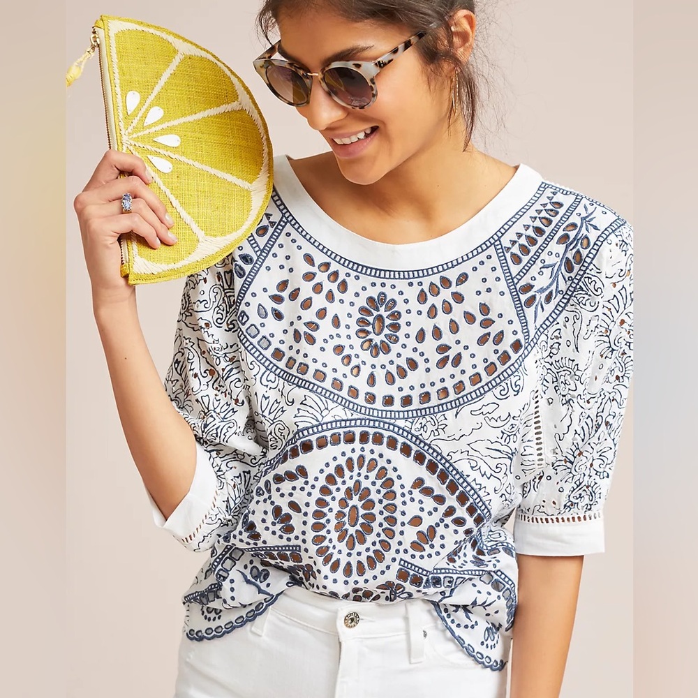 Anthropologie Maeve Ester Eyelet Embroidered Scalloped Blue White Top size XS/S - Picture 3 of 15